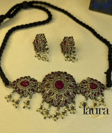 ruby pink stone oxidised silver necklace set with earrings