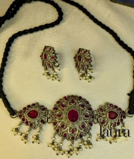 ruby pink stone oxidised silver necklace set with earrings