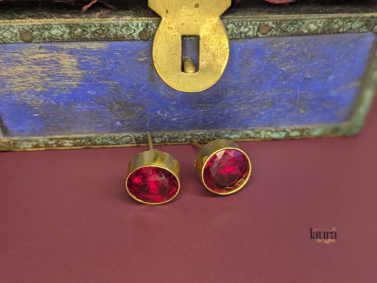 Maha Red Glossy Stone Round Stud Earrings - Laura Designs (India)
