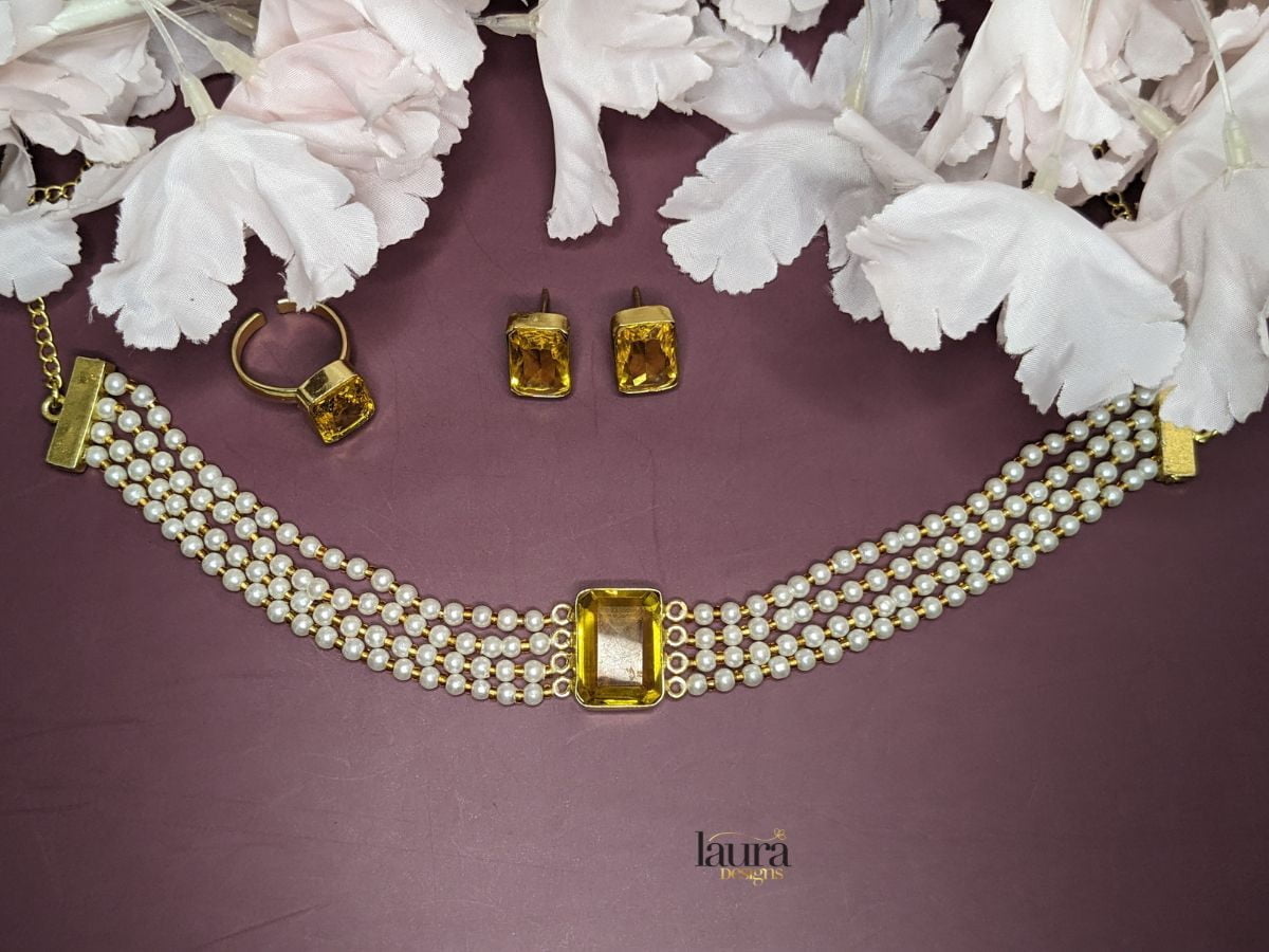 Neysa Pearl Layer Necklace Set With Yellow Stone Laura Designs (India)