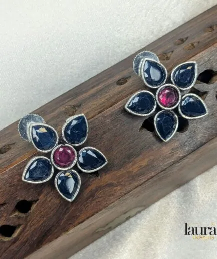blue and pink stone floral earrings