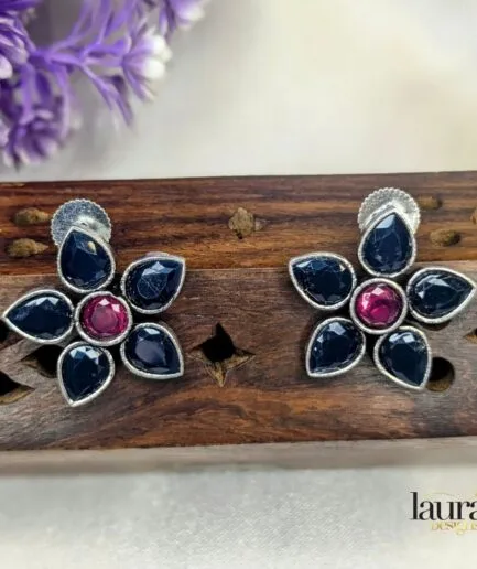 blue and pink stone floral earrings