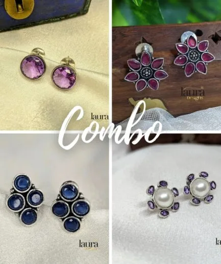 4 earrings combo purple red green violet pearl